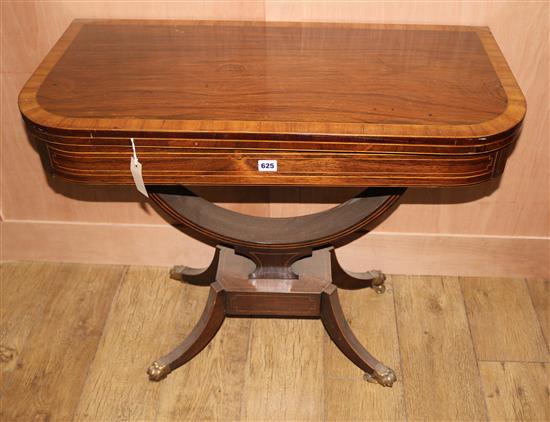 A Regency banded and strung rosewood card table, W.3ft D.1ft 6in. H.2ft 6in.